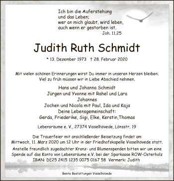 Traueranzeige von Judith Ruth Schmidt von SYK