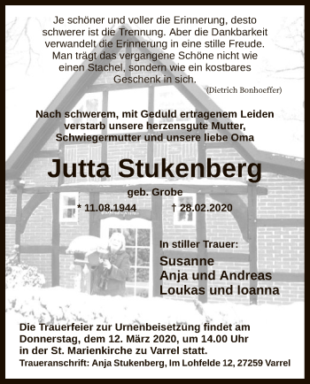 Traueranzeige von Jutta Stukenberg von SYK