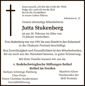 Traueranzeige von Jutta Stukenberg von SYK