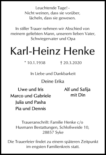 Traueranzeige von Karl-Heinz Henke von SYK