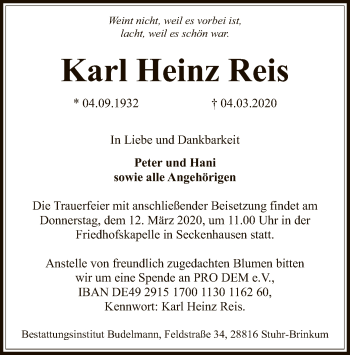 Traueranzeige von Karl Heinz Reis von SYK