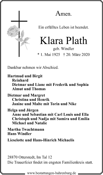 Traueranzeige von Klara Plath von SYK