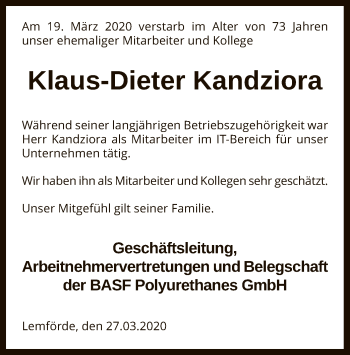 Traueranzeige von Klaus-Dieter Kandziora von SYK