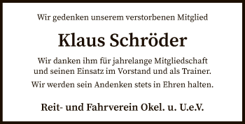 Traueranzeige von Klaus Schröder von SYK