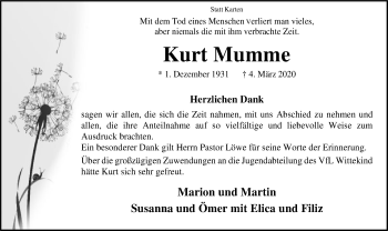 Traueranzeige von Kurt Mumme von SYK