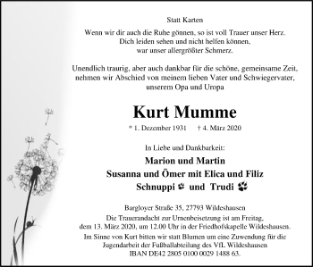 Traueranzeige von Kurt Mumme von SYK