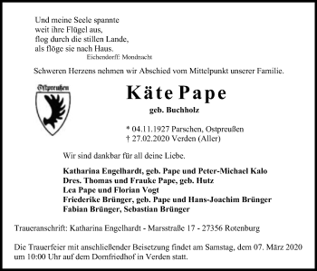 Traueranzeige von Käte Pape von SYK