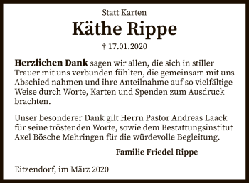 Traueranzeige von Käthe Rippe von SYK