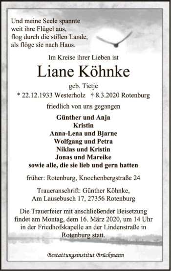 Traueranzeige von Liane Köhnke von SYK