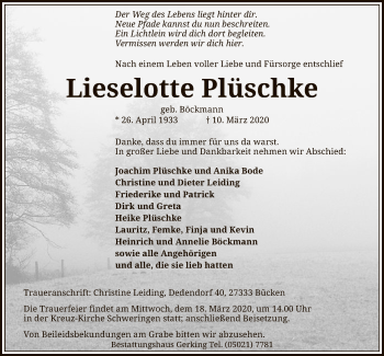 Traueranzeige von Lieselotte Plüschke von SYK