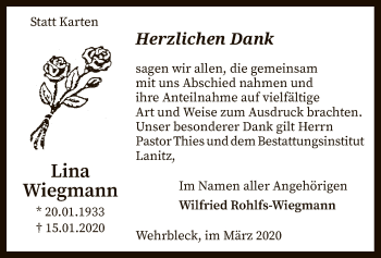 Traueranzeige von Lina Wiegmann von SYK