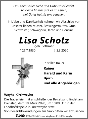 Traueranzeige von Lisa Scholz von SYK