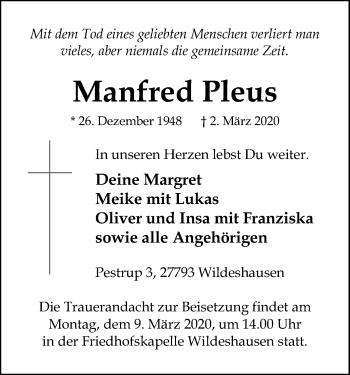 Traueranzeige von Manfred Pleus von SYK