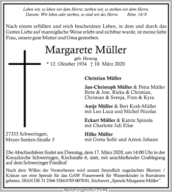 Traueranzeige von Margarete Müller von SYK