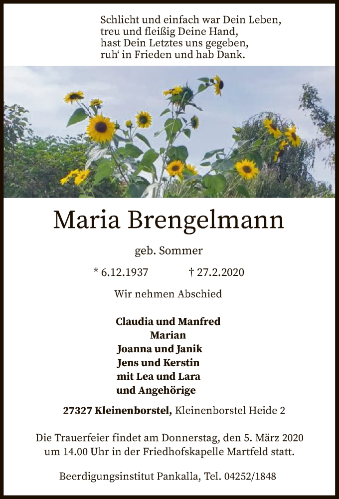  Traueranzeige für Maria Brengelmann vom 03.03.2020 aus SYK