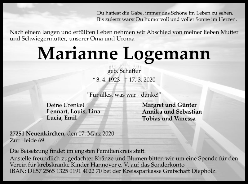  Traueranzeige für Marianne Logemann vom 20.03.2020 aus SYK