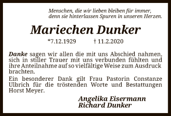 Traueranzeige von Mariechen Dunker von SYK