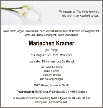 Traueranzeige von Mariechen Kramer von SYK