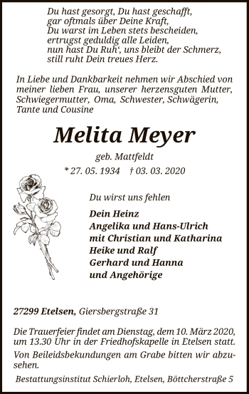 Traueranzeige von Melita Meyer von SYK