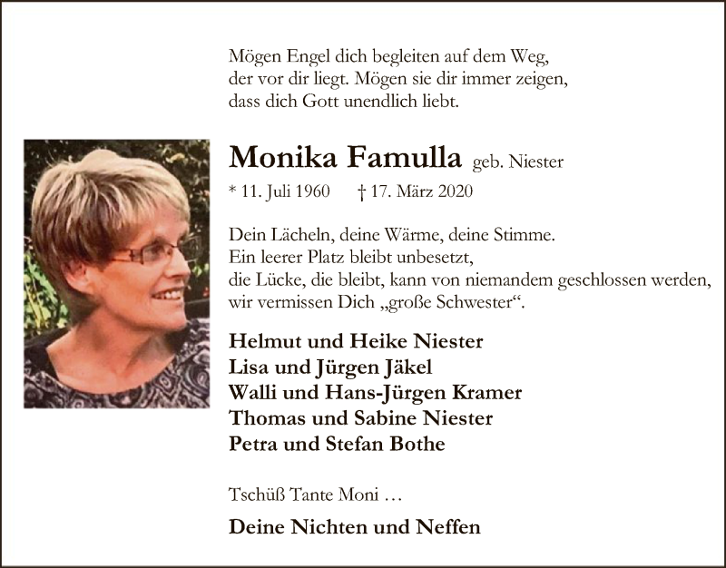  Traueranzeige für Monika Famulla vom 21.03.2020 aus SYK