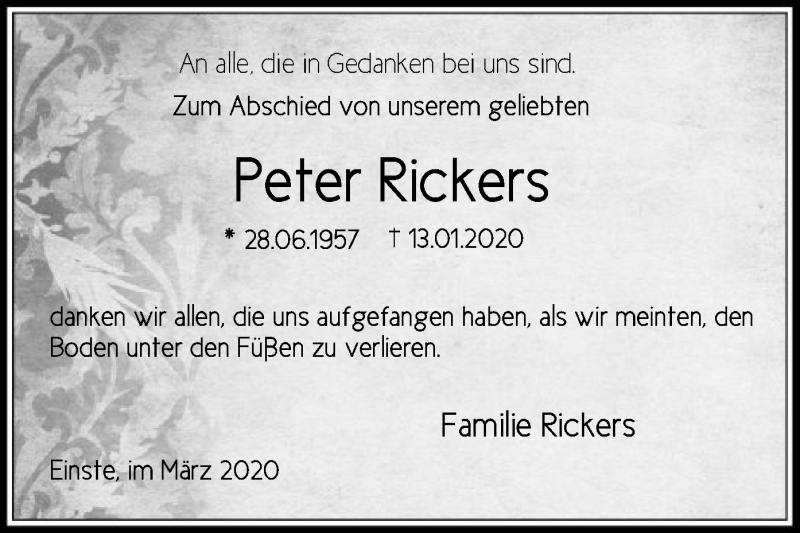  Traueranzeige für Peter Rickers vom 14.03.2020 aus SYK
