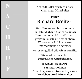 Traueranzeige von Richard Breiter von SYK