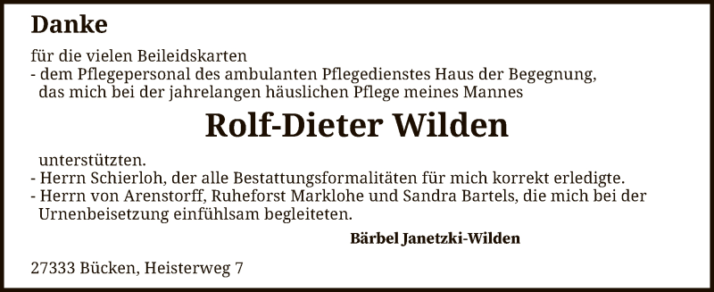  Traueranzeige für Rolf-Dieter Wilden vom 11.03.2020 aus SYK