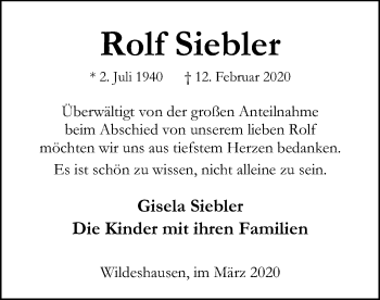 Traueranzeige von Rolf Siebler von SYK