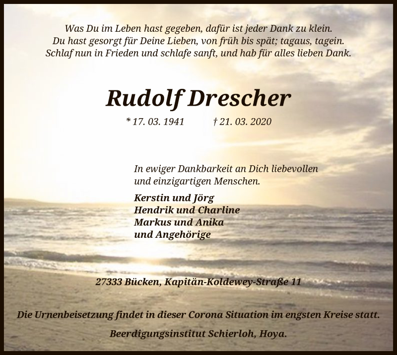  Traueranzeige für Rudolf Drescher vom 28.03.2020 aus SYK