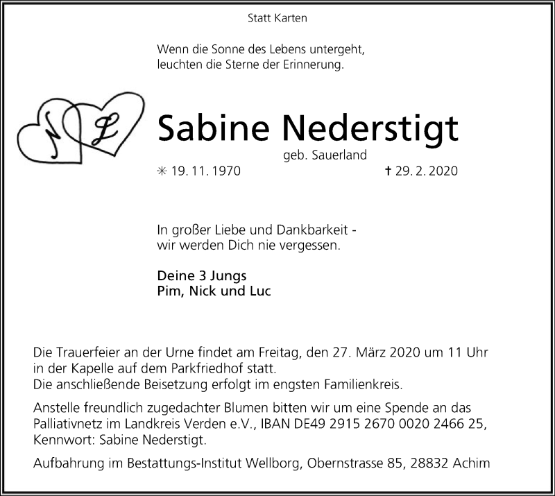  Traueranzeige für Sabine Nederstigt vom 07.03.2020 aus SYK