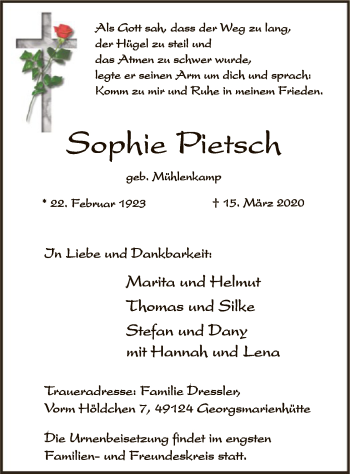 Traueranzeige von Sophie Pietsch von SYK