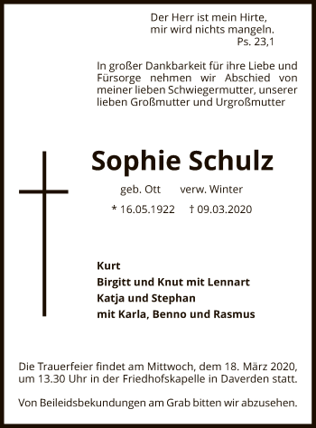 Traueranzeige von Sophie Schulz von SYK