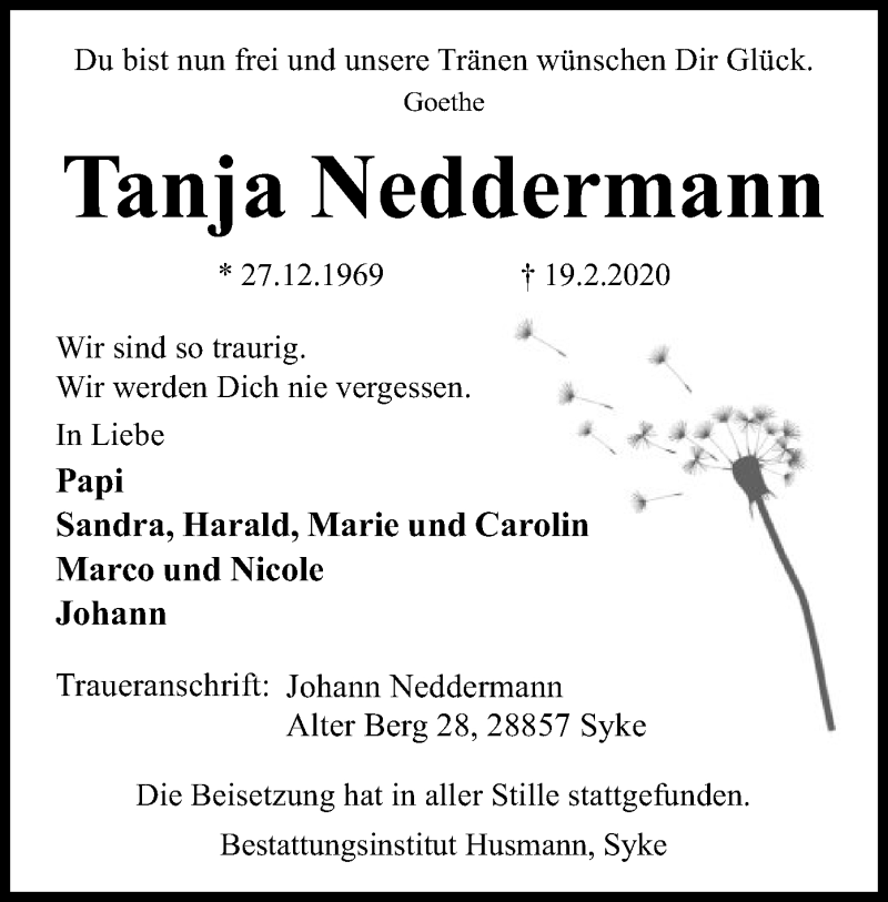  Traueranzeige für Tanja Neddermann vom 07.03.2020 aus SYK