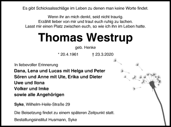 Traueranzeige von Thomas Westrup von SYK