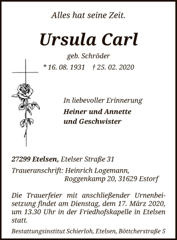 Traueranzeige von Ursula Carl von SYK