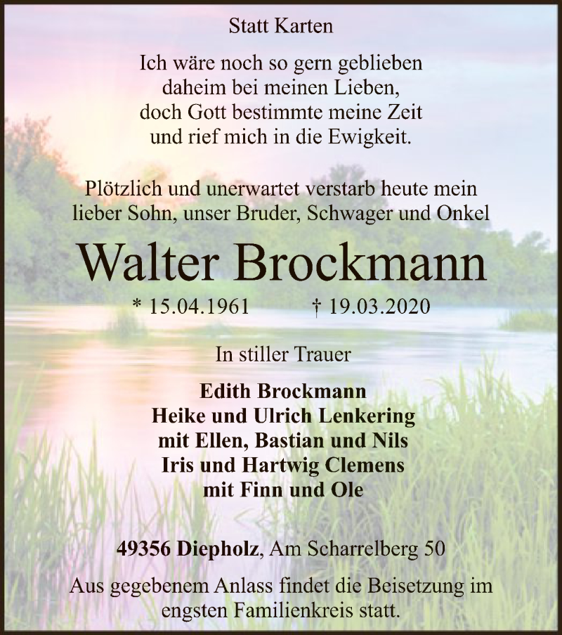  Traueranzeige für Walter Brockmann vom 21.03.2020 aus SYK