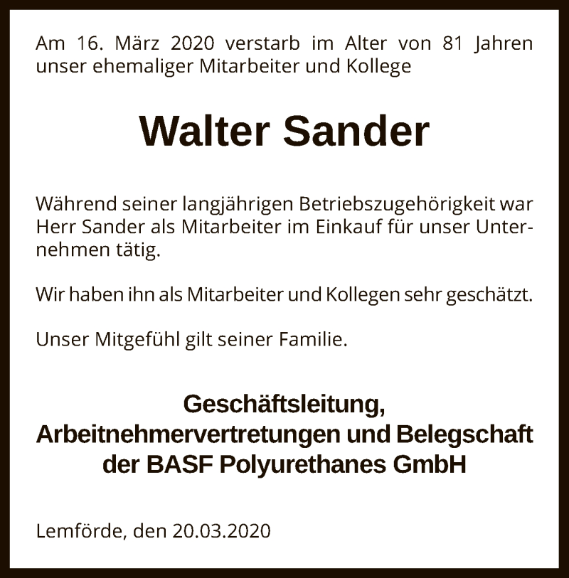  Traueranzeige für Walter Sander vom 21.03.2020 aus SYK