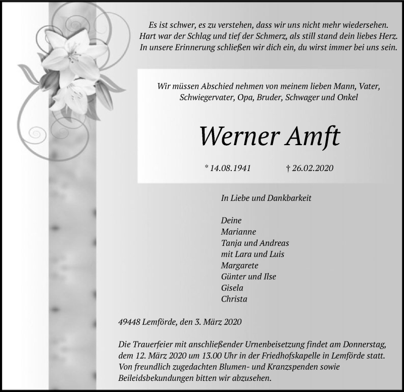  Traueranzeige für Werner Amft vom 03.03.2020 aus SYK