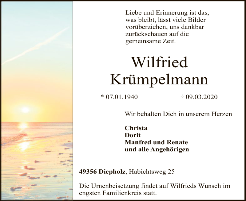  Traueranzeige für Wilfried Krümpelmann vom 11.03.2020 aus SYK