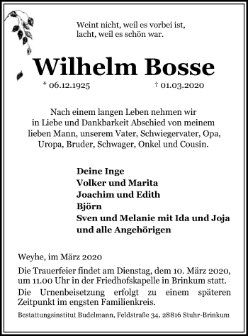 Traueranzeige von Wilhelm Bosse von SYK