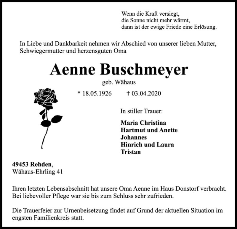  Traueranzeige für Aenne Buschmeyer vom 07.04.2020 aus SYK