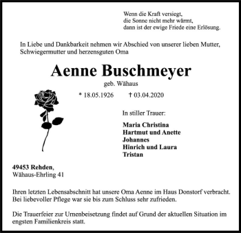 Traueranzeige von Aenne Buschmeyer von SYK