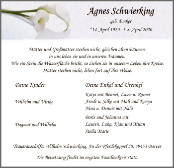 Traueranzeige von Agnes Schwierking von SYK