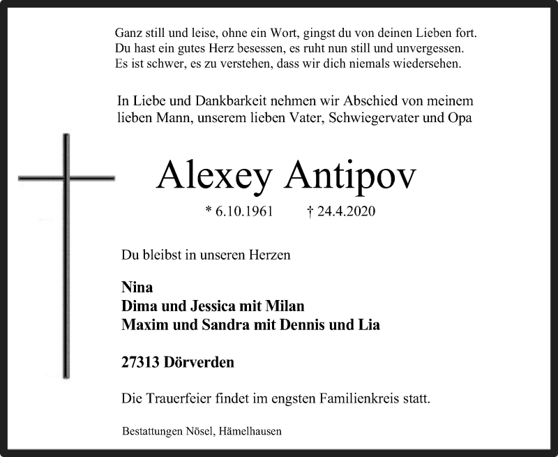  Traueranzeige für Alexey Antipov vom 30.04.2020 aus SYK