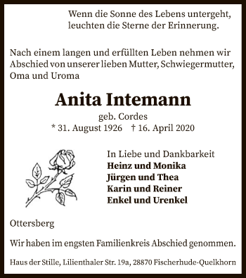 Traueranzeige von Anita Intemann von SYK