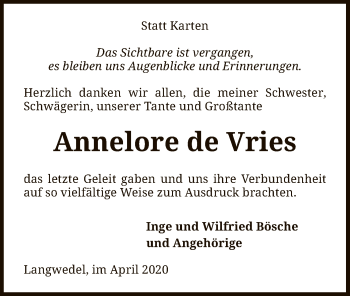 Traueranzeige von Annelore de Vries von SYK