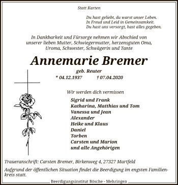 Traueranzeige von Annemarie Bremer von SYK