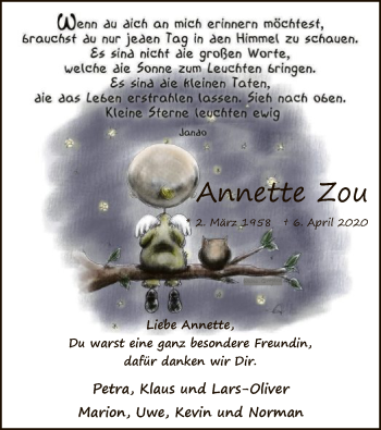 Traueranzeige von Annette Zou von SYK