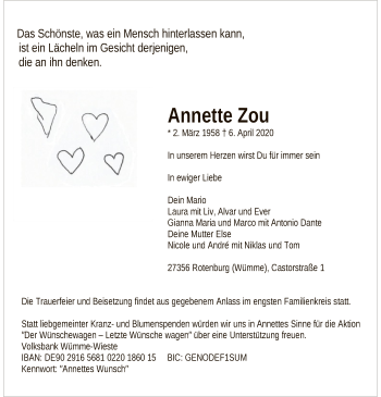 Traueranzeige von Annette Zou von SYK