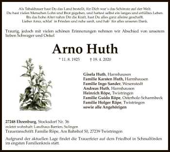 Traueranzeige von Arno Huth von SYK